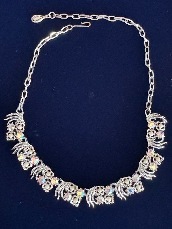 Coro Jewelry - Coro Silver-Tone Floral Necklace with Aurora Iridescent Crystals
